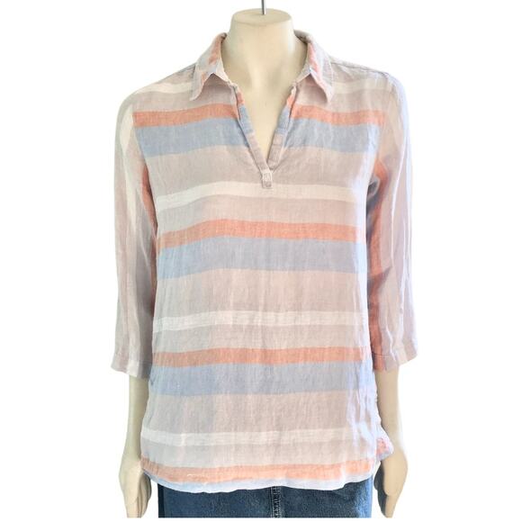 CYNTHIA ROWLEY Pure Linen Oversized Striped Popover Tunic Top SZ S - Picture 2 of 11